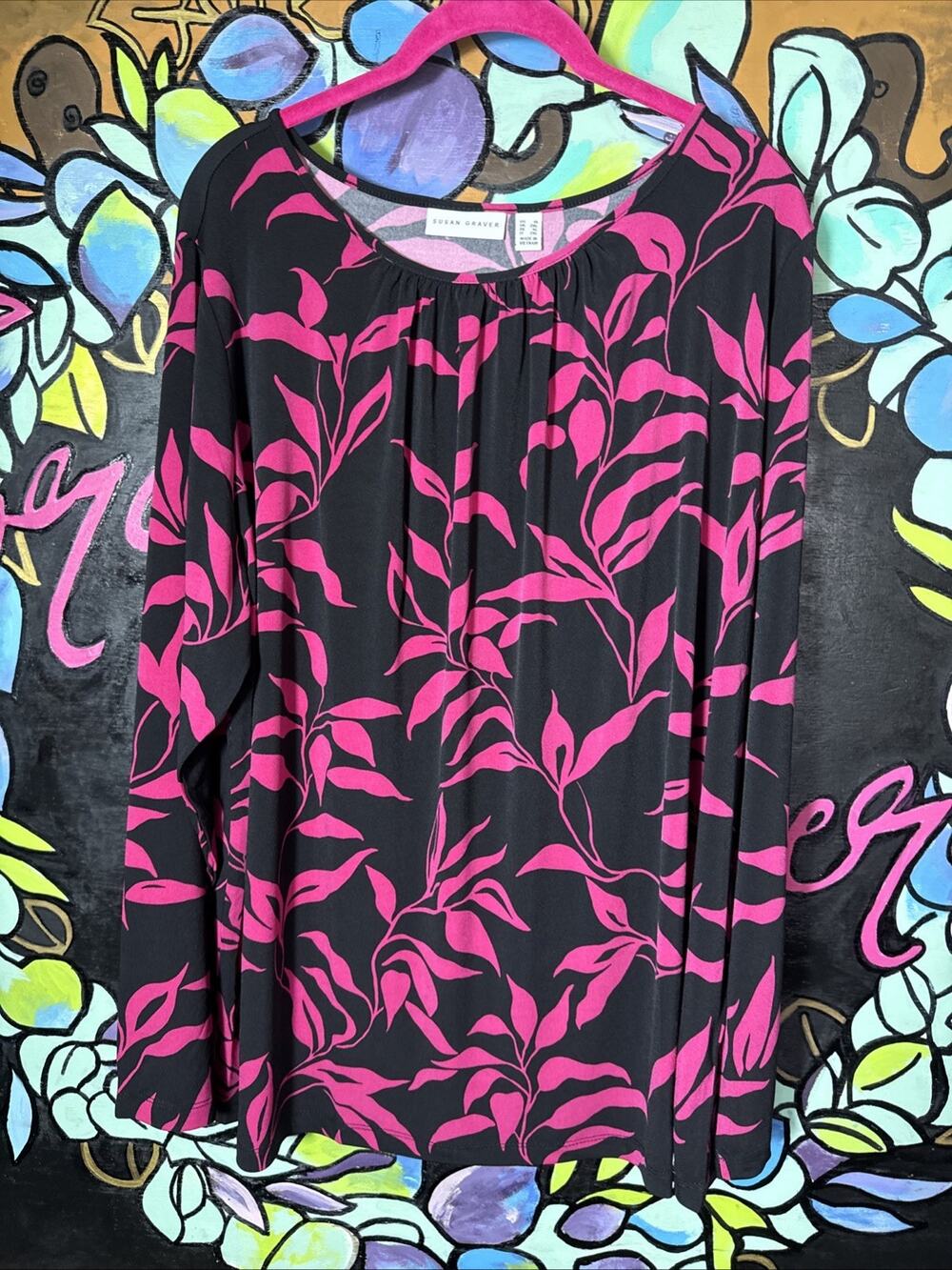 Susan Graver Printed Liquid Knit Crew Neck Top, 1X, Raspberry And Black